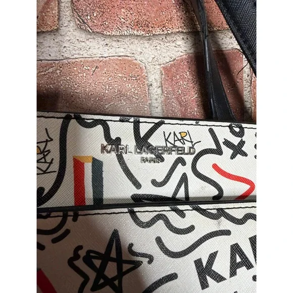 Karl Lagerfeld Paris Graffiti Print Saffiano Leather Tote Crossbody Bag White - Picture 5 of 6